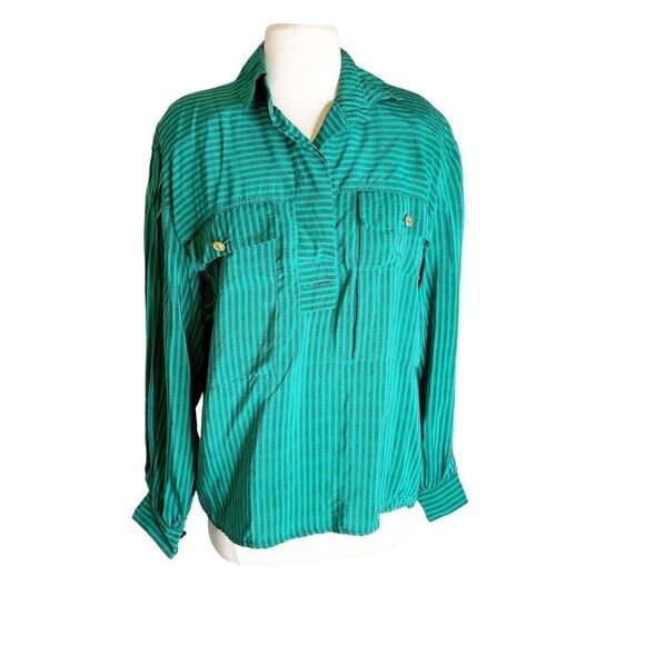 Vintage 80s Size M/L Silk Blouse Green Striped Popover Tunic Francesca of Damon - Picture 15 of 16